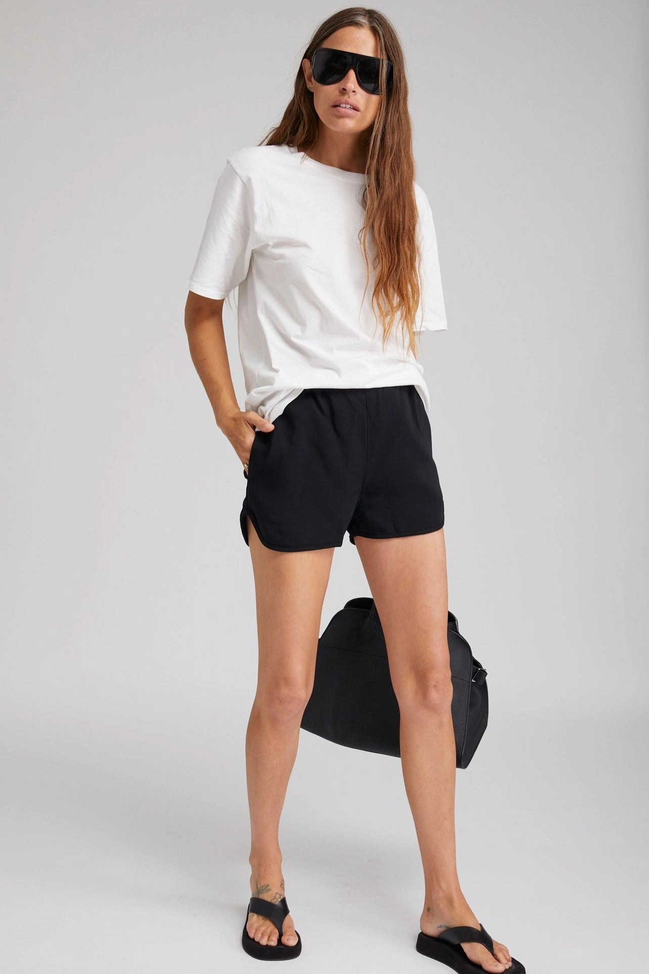 Black Crepe Slip Shorts Sporty Look day trip