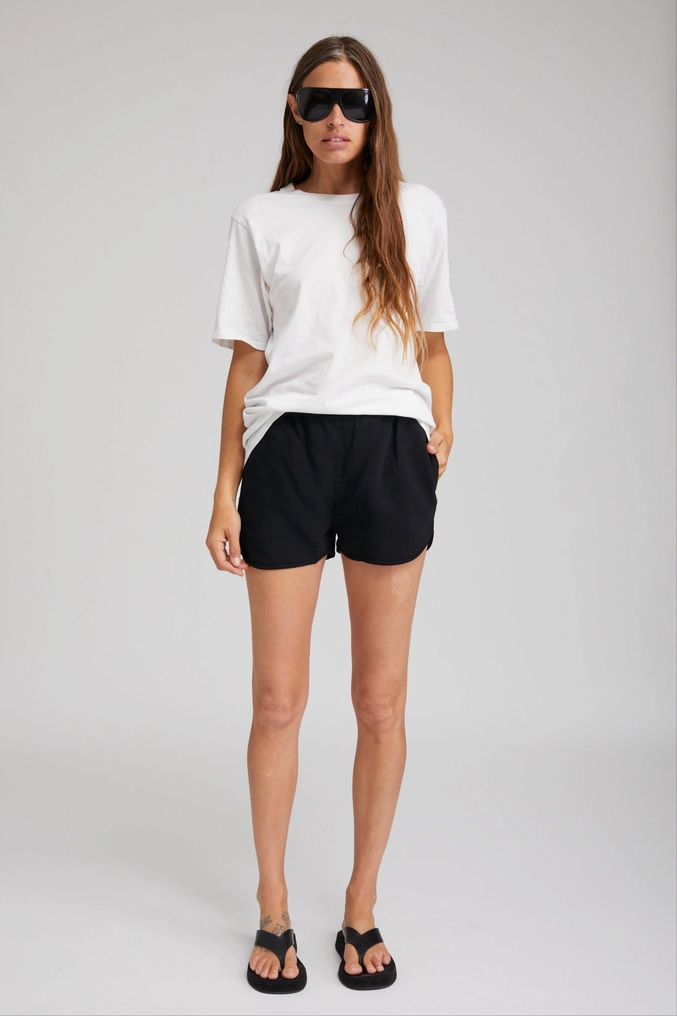 stripe design Black Crepe Slip Shorts