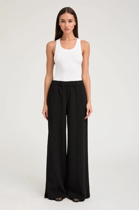 Plaid detail Black Crepe Wide Leg Pintuck Trousers