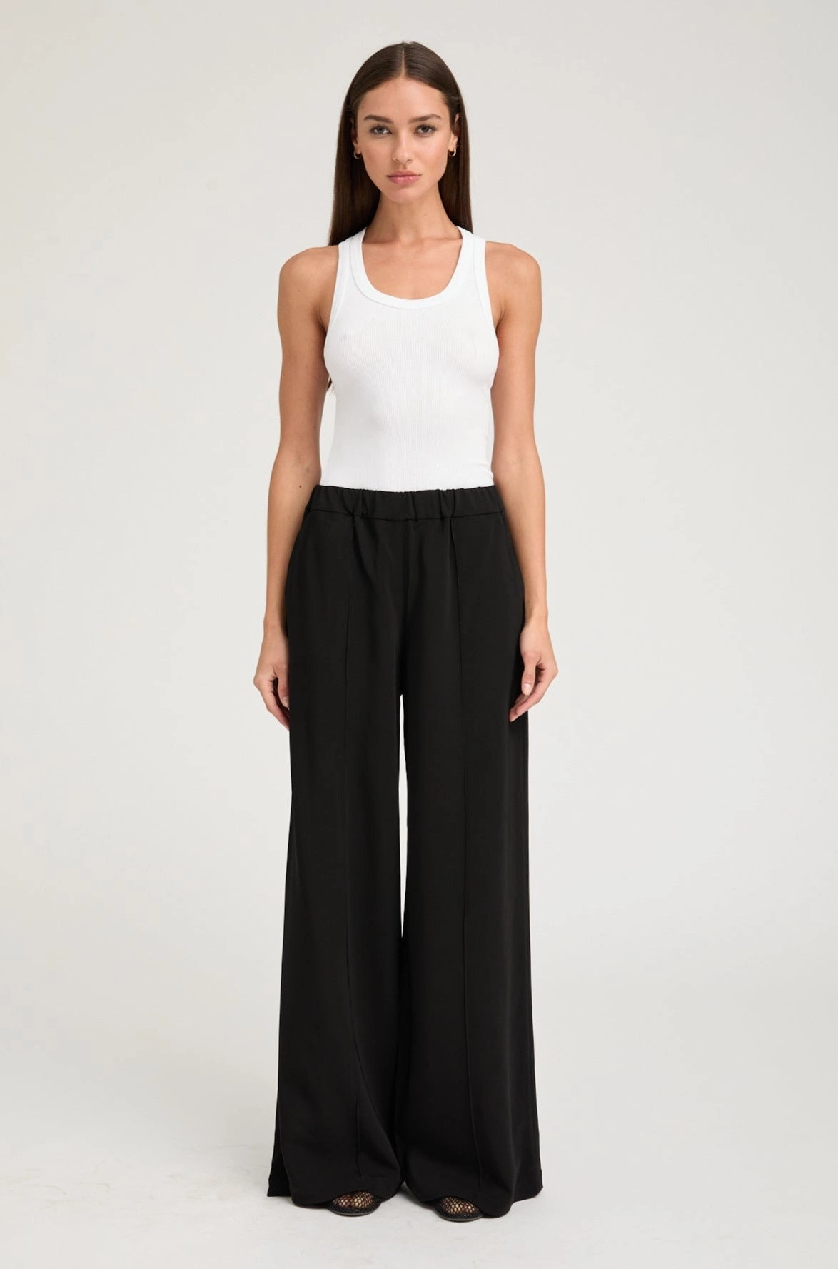 Black Crepe Wide Leg Pintuck Trousers Flexible Comfort Wear