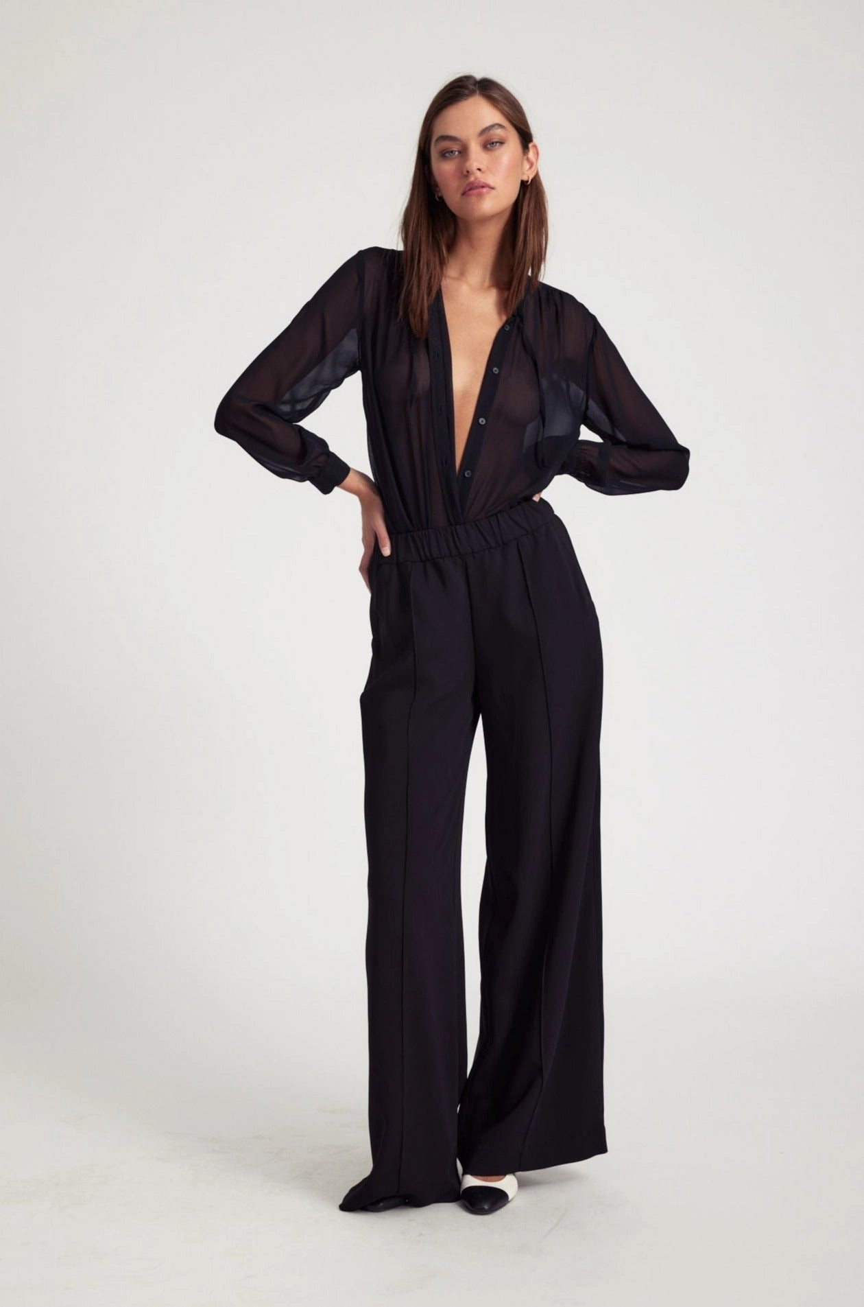 Black Crepe Wide Leg Pintuck Trousers Chic Vibe