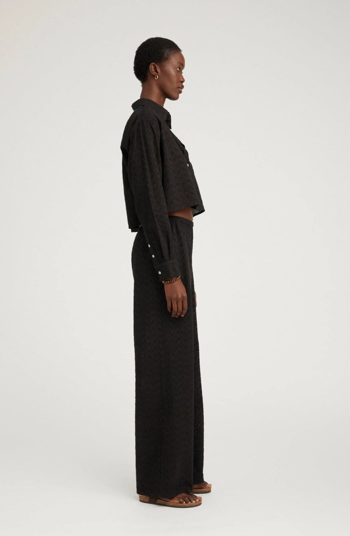 Black Eyelet Cropped Button Down Tunic top RelaxedNeckline