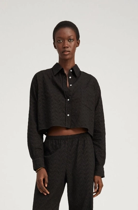 Black Eyelet Cropped Button Down AntiMicrobialLining