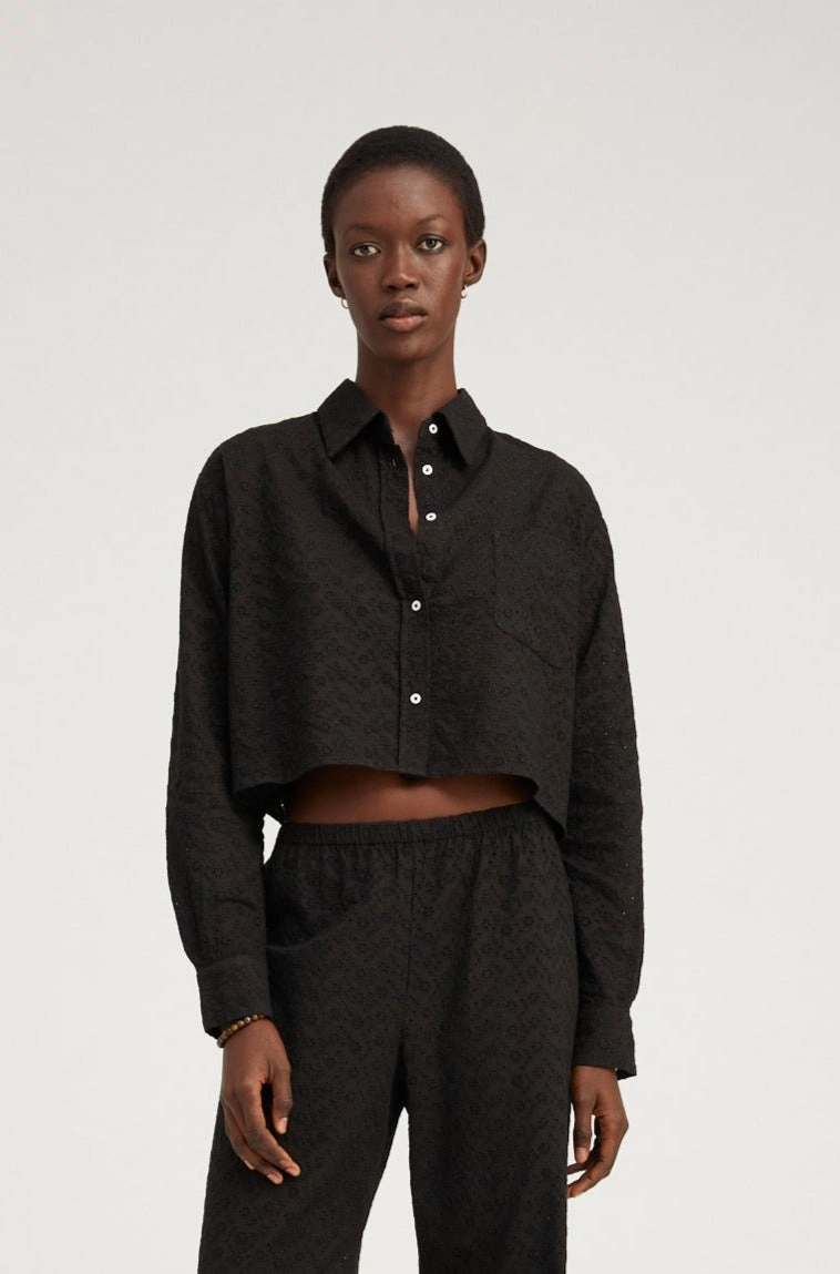 Black Eyelet Cropped Button Down AntiMicrobialLining
