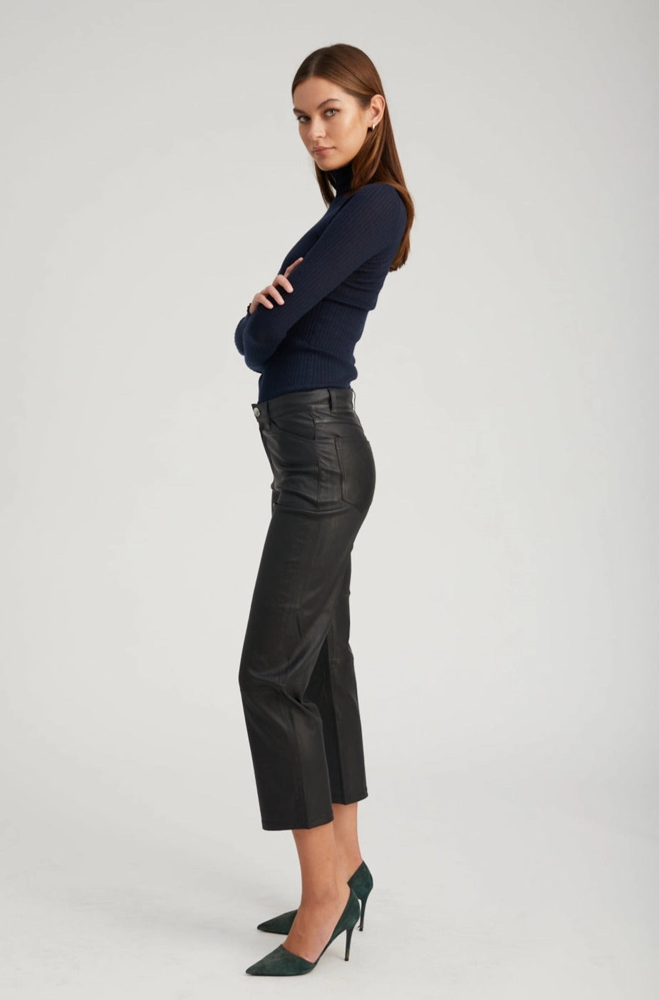 Black Leather 5 Pocket Straight Leg Pants MoistureWickingLining Heat Dissipating