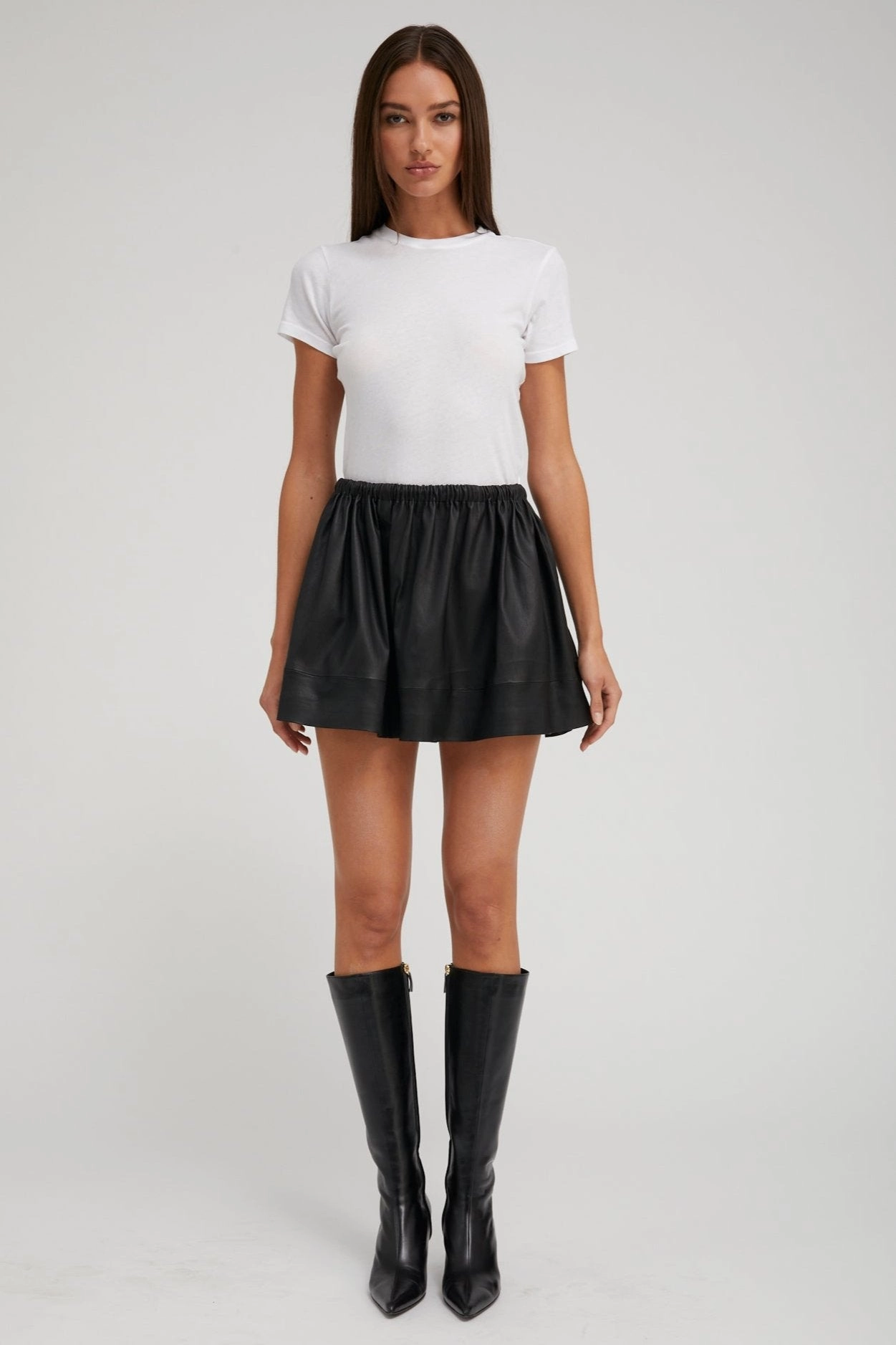 Black Leather Bell Mini Skirt Inverted Pleats Thermal Regulating