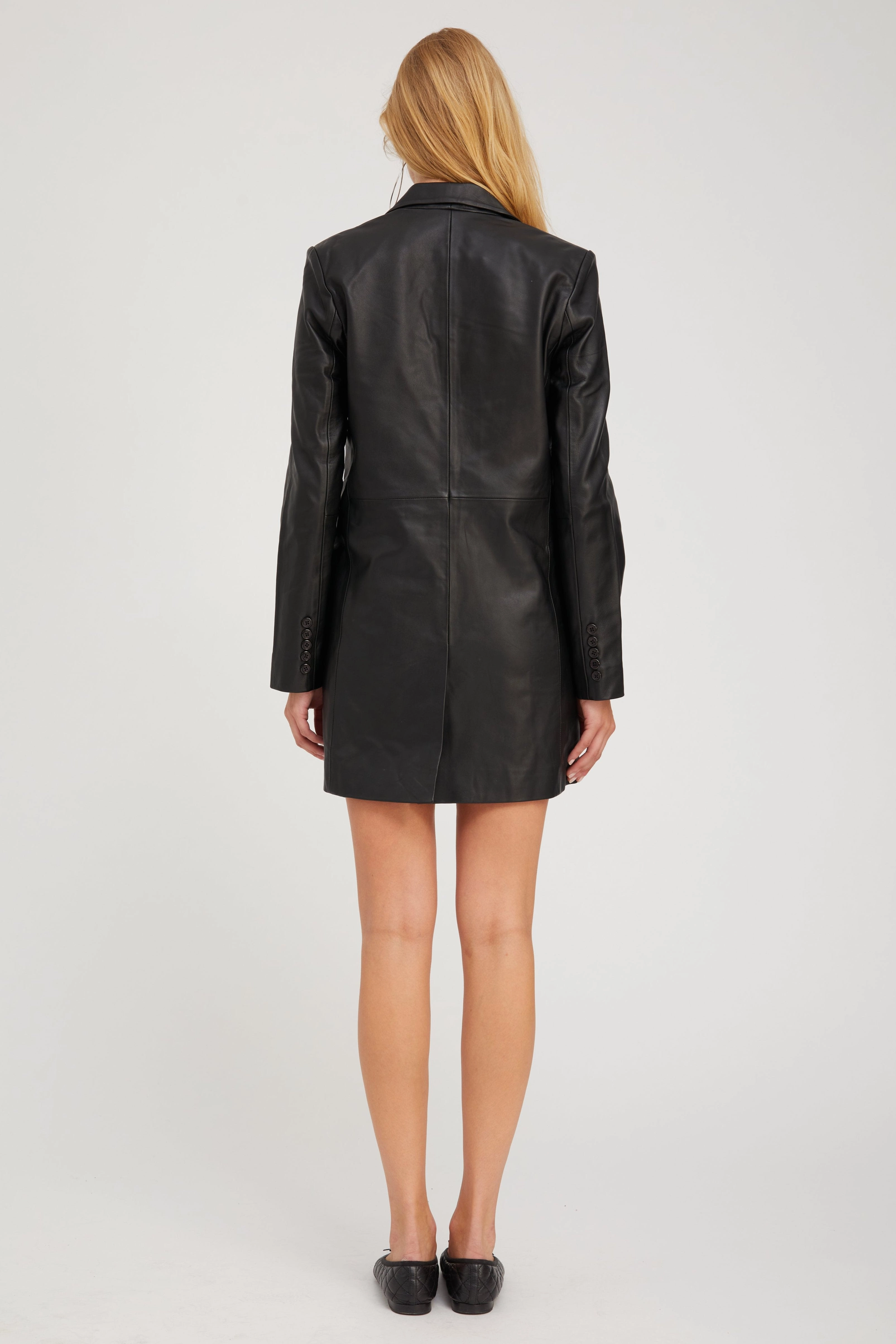 Elastic Hem Adjustment Cozy Texture Black Leather Blazer Coat