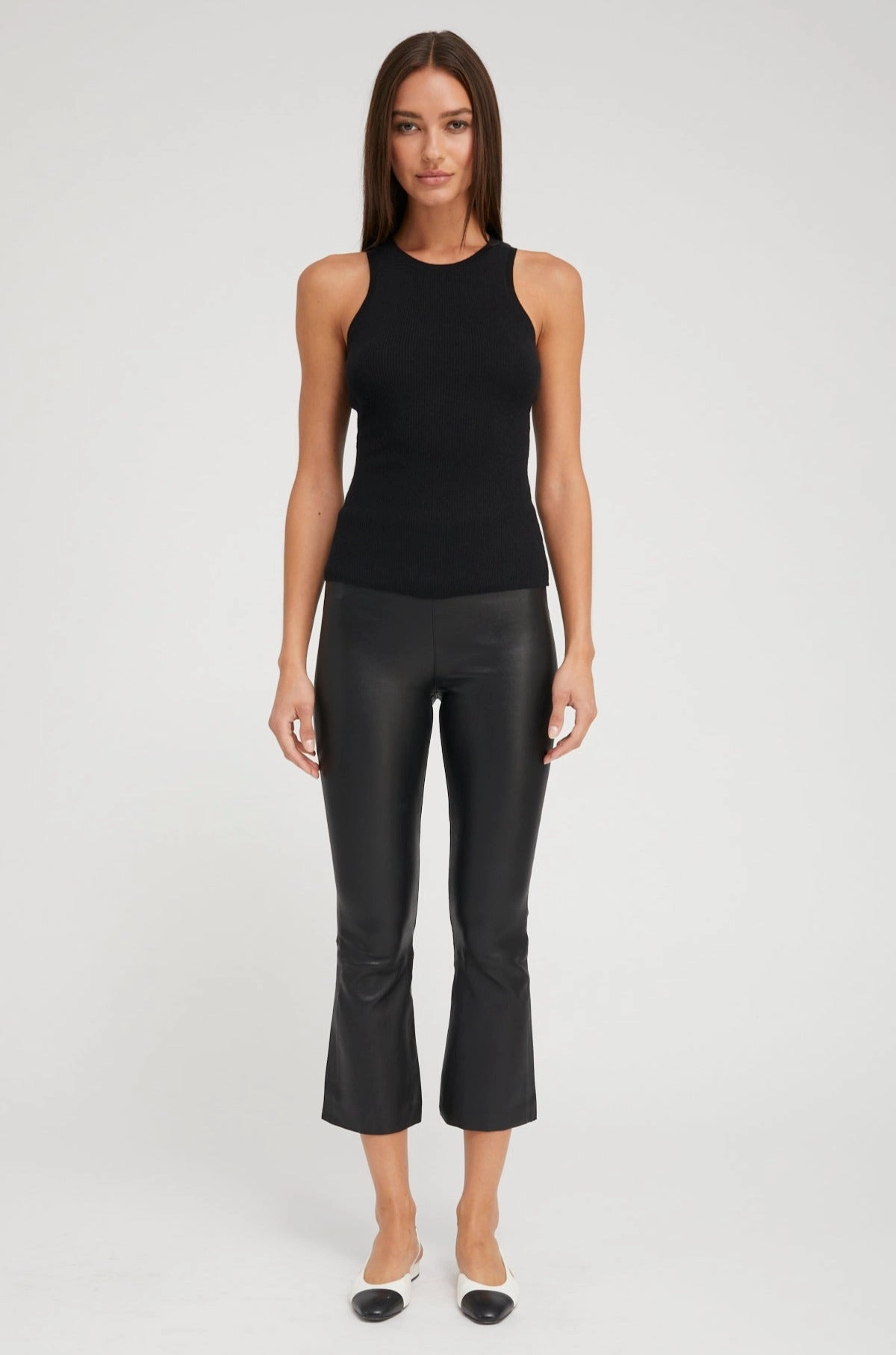 Black Leather Crop Flare Comfortable Fit Design