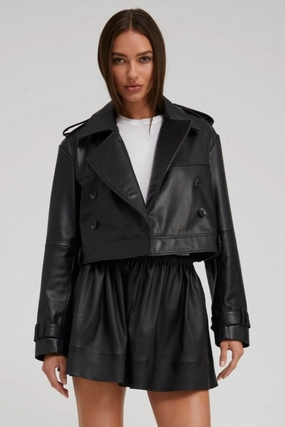 Zippered Pockets Modular Attachment Points Black Leather Cropped Trench