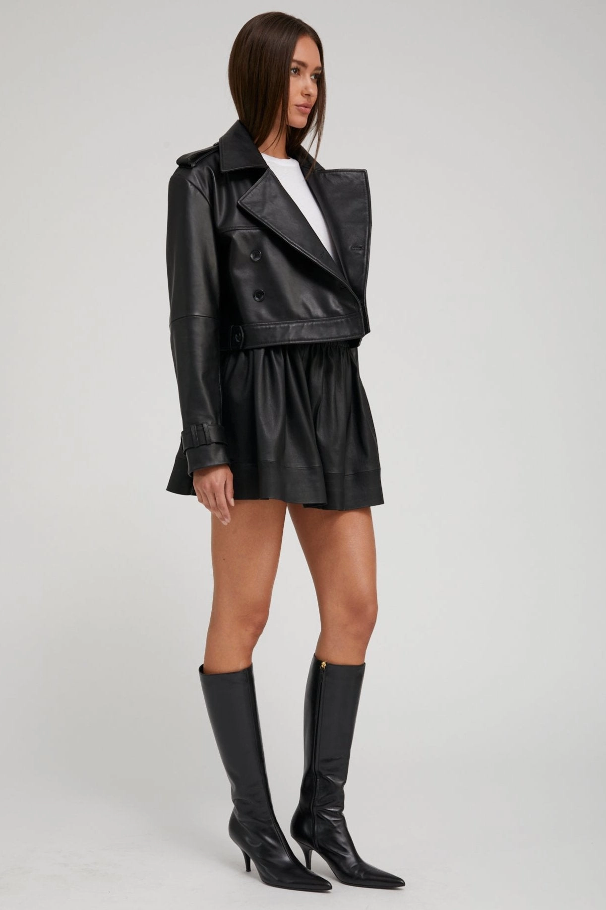 Pastel Shade Black Leather Cropped Trench