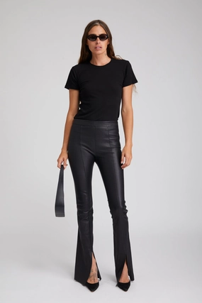 Black Leather Front Slit Micro Flare Pants MoistureWicking Stain Repellent Coating