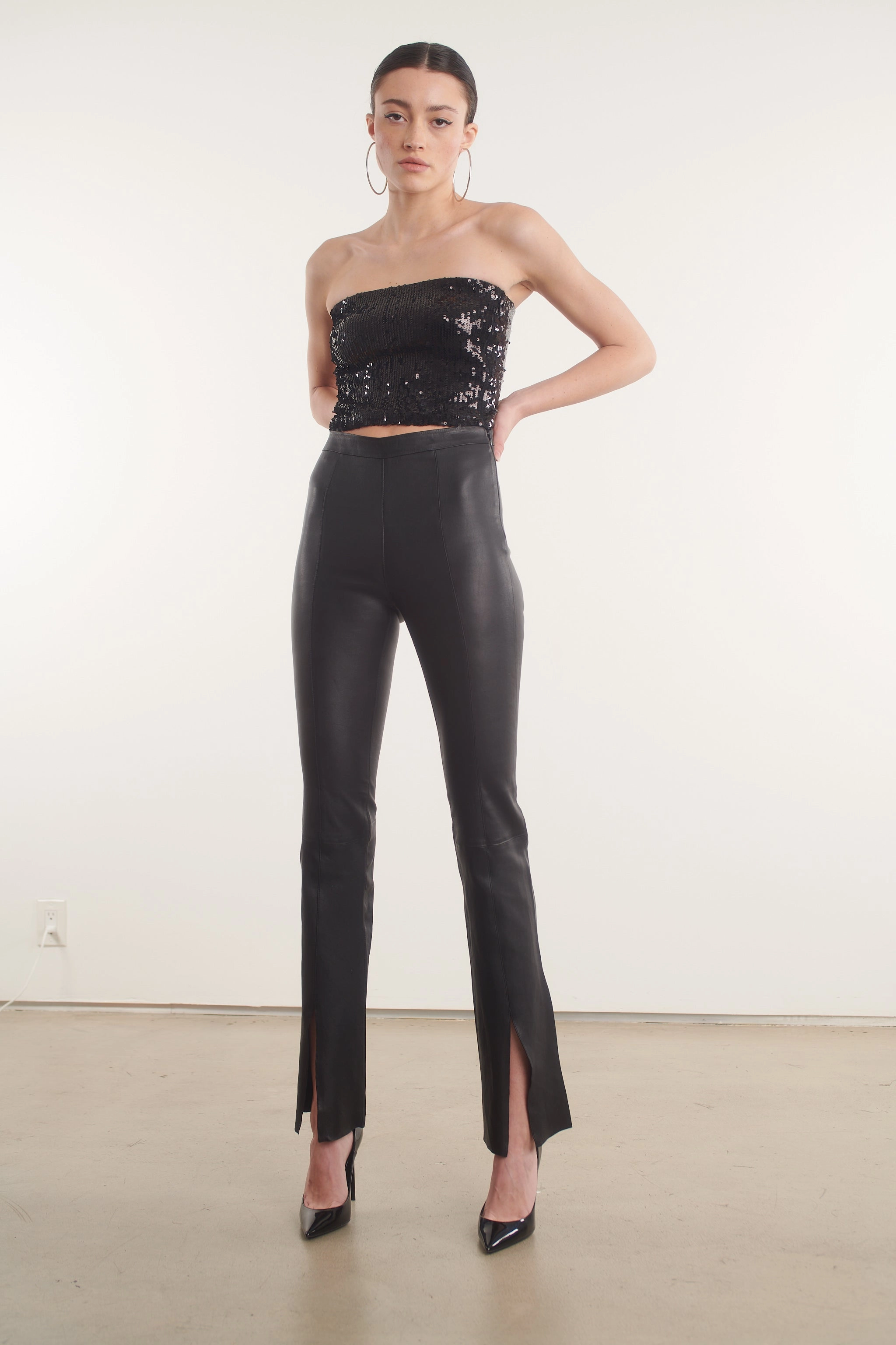 QuickReleaseFastenings Black Leather Front Slit Micro Flare Pants