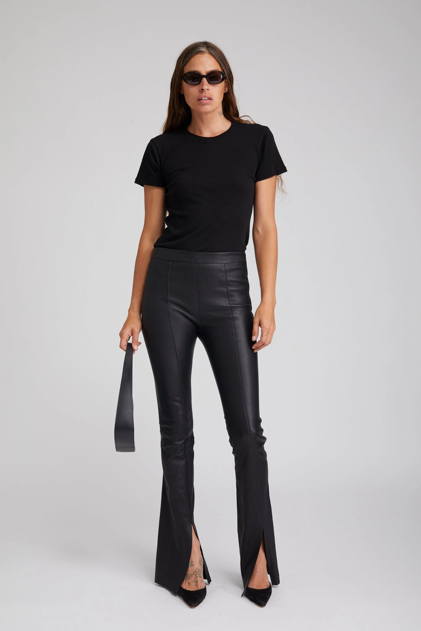 Black Leather Front Slit Micro Flare Pants MoistureWicking Stain Repellent Coating