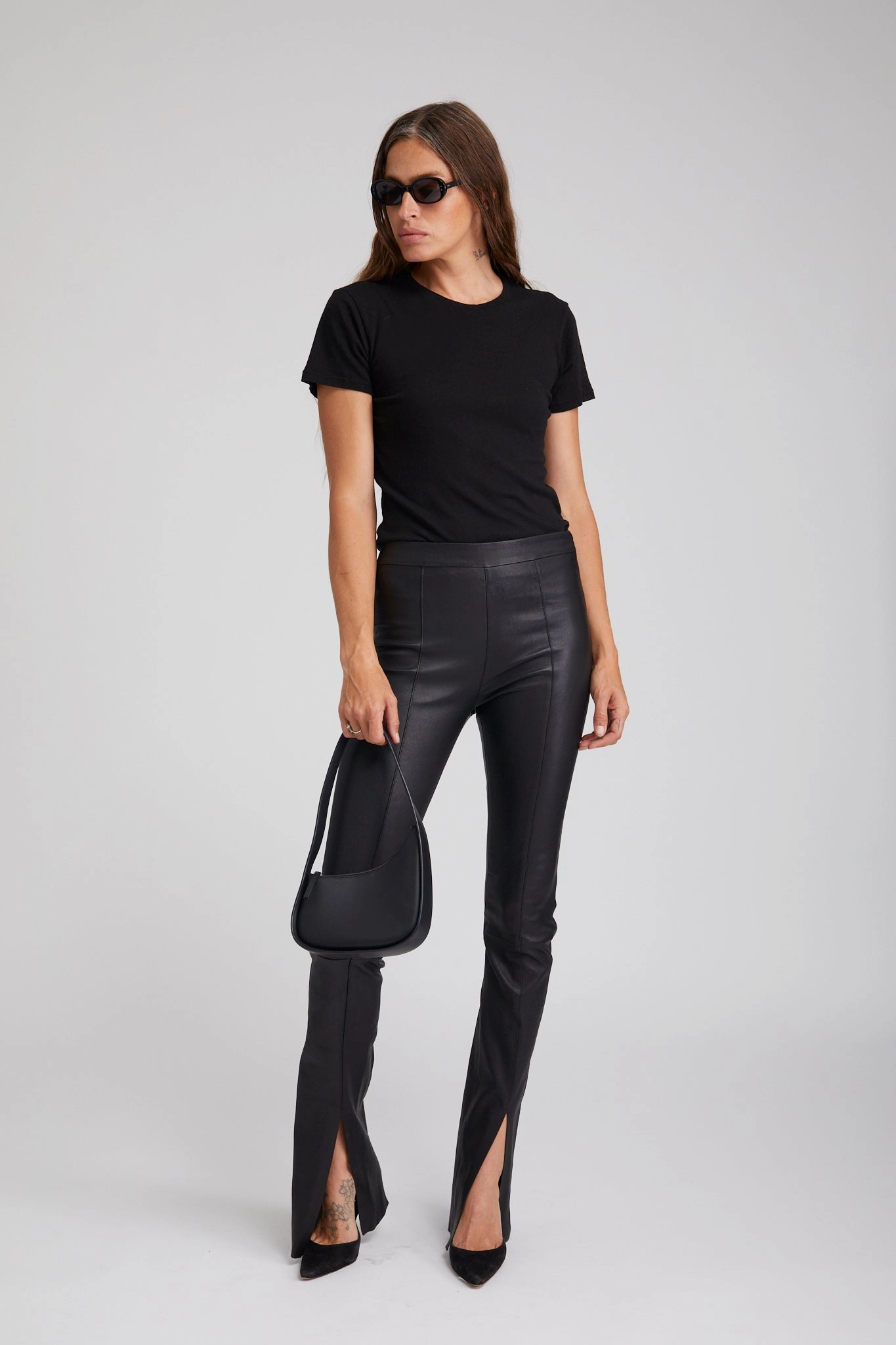 ArticulatedJoints Comfortable Fit Look Black Leather Front Slit Micro Flare Pants