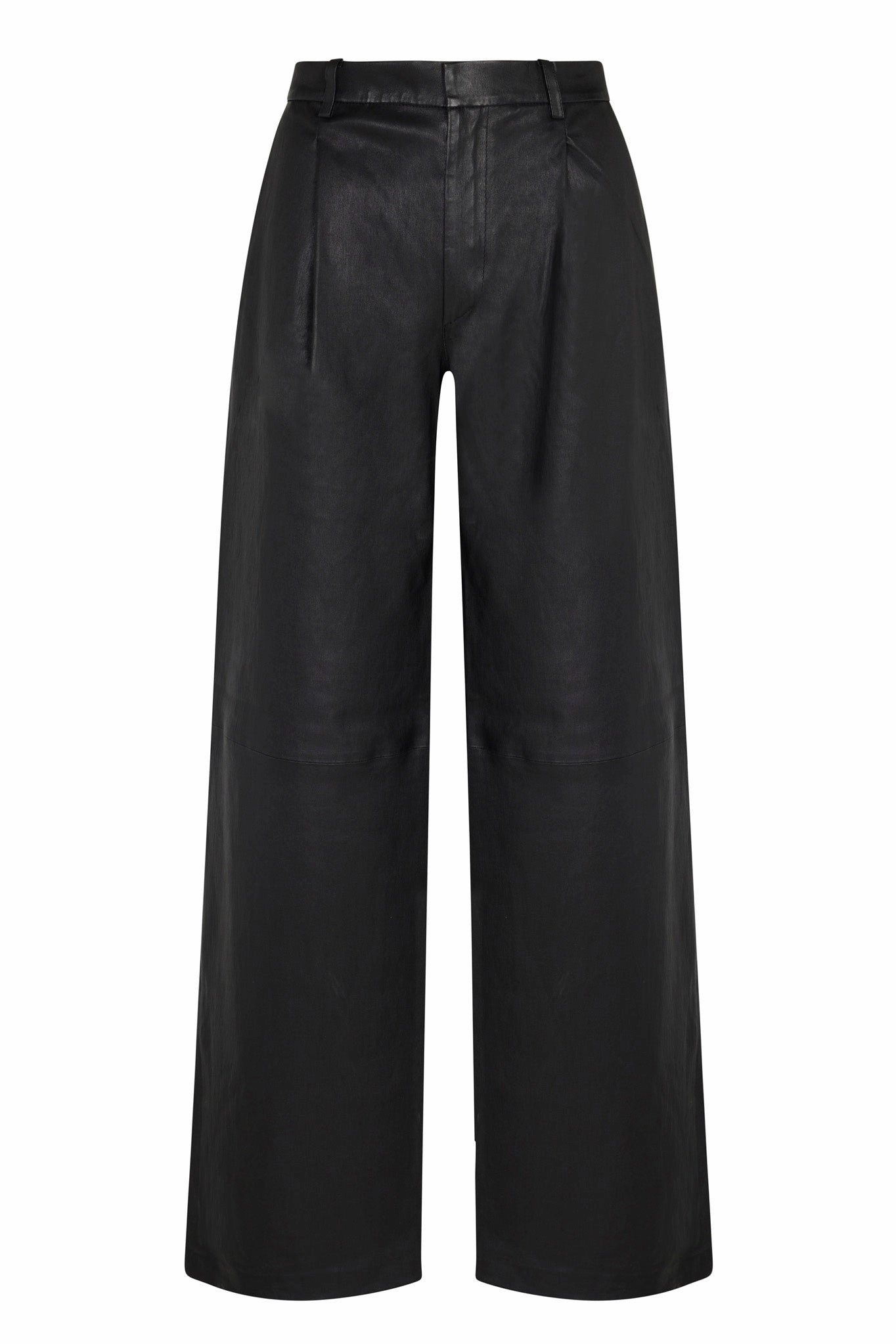 Black Leather Pleated Trousers FlexibleKneePanels Adjustable Drawcord