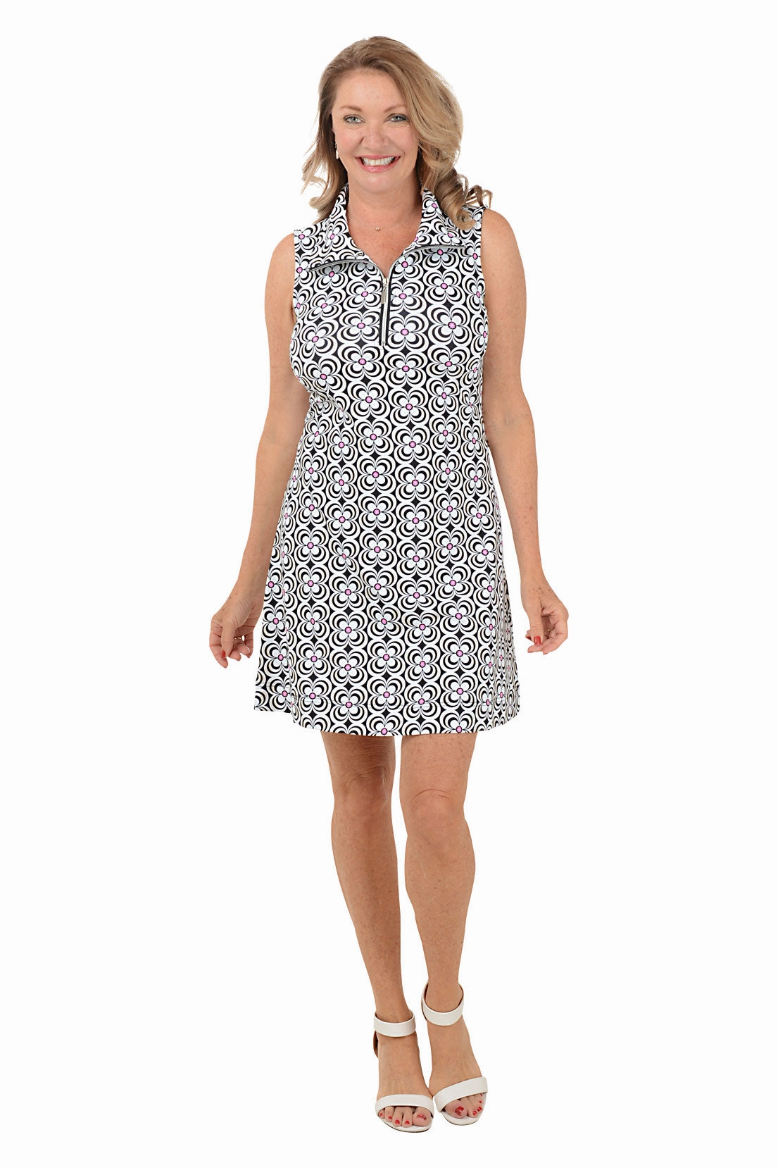 Black Optical Daisy UPF50  Sleeveless Dress Seasonal Mood Trendy Piece