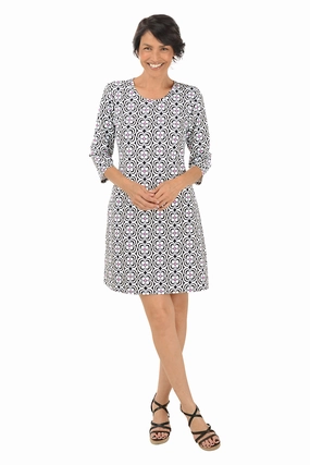 Black Optical Daisy UPF50  Travel Dress Velvet-Sleeve Subtle Detail