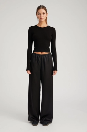 Thermal Insulation Core Durable Color Retention Black Rib Cropped Long Sleeve Tee