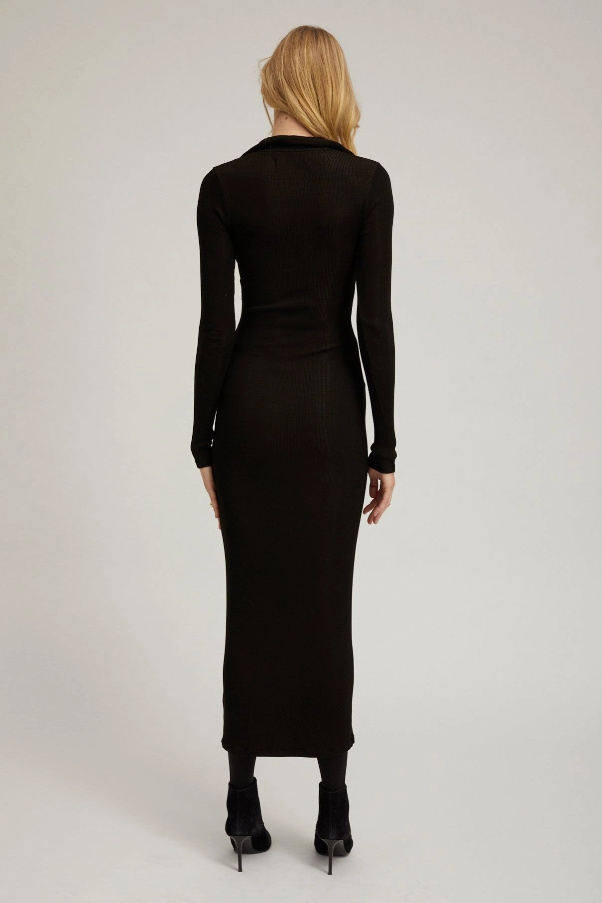 Black Rib Long Sleeve Polo Maxi Dress Bright Colors Form Fitting