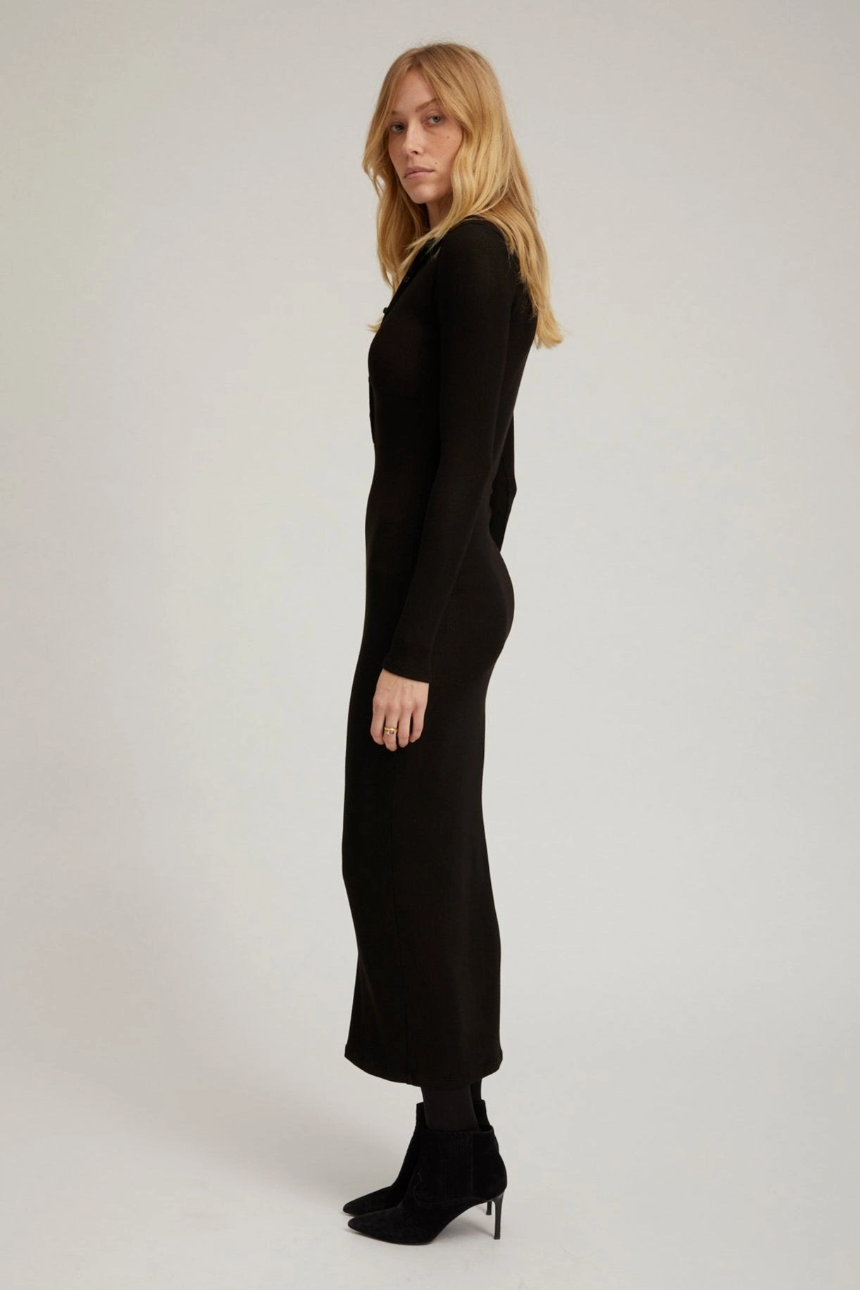 Eye Appeal Bishop-Sleeve Black Rib Long Sleeve Polo Maxi Dress