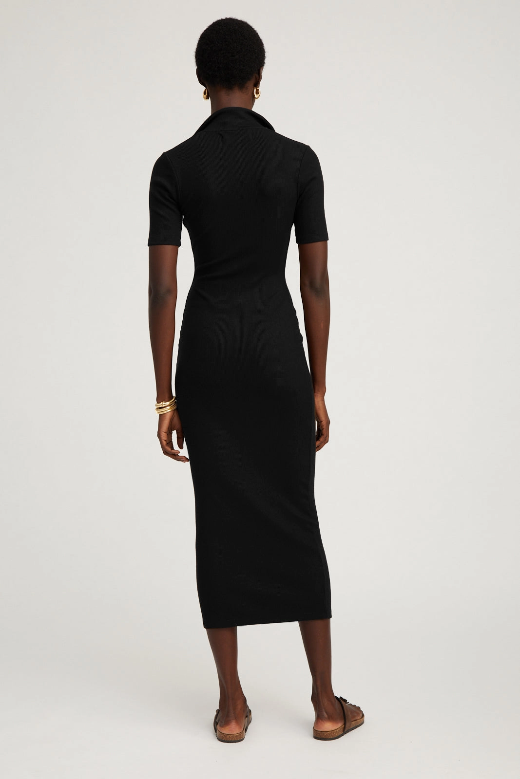 Black Rib Polo Maxi Dress Cap-Sleeve Light Fall