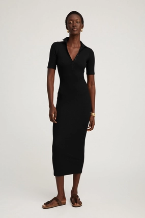 Neutral Tones Black Rib Polo Maxi Dress