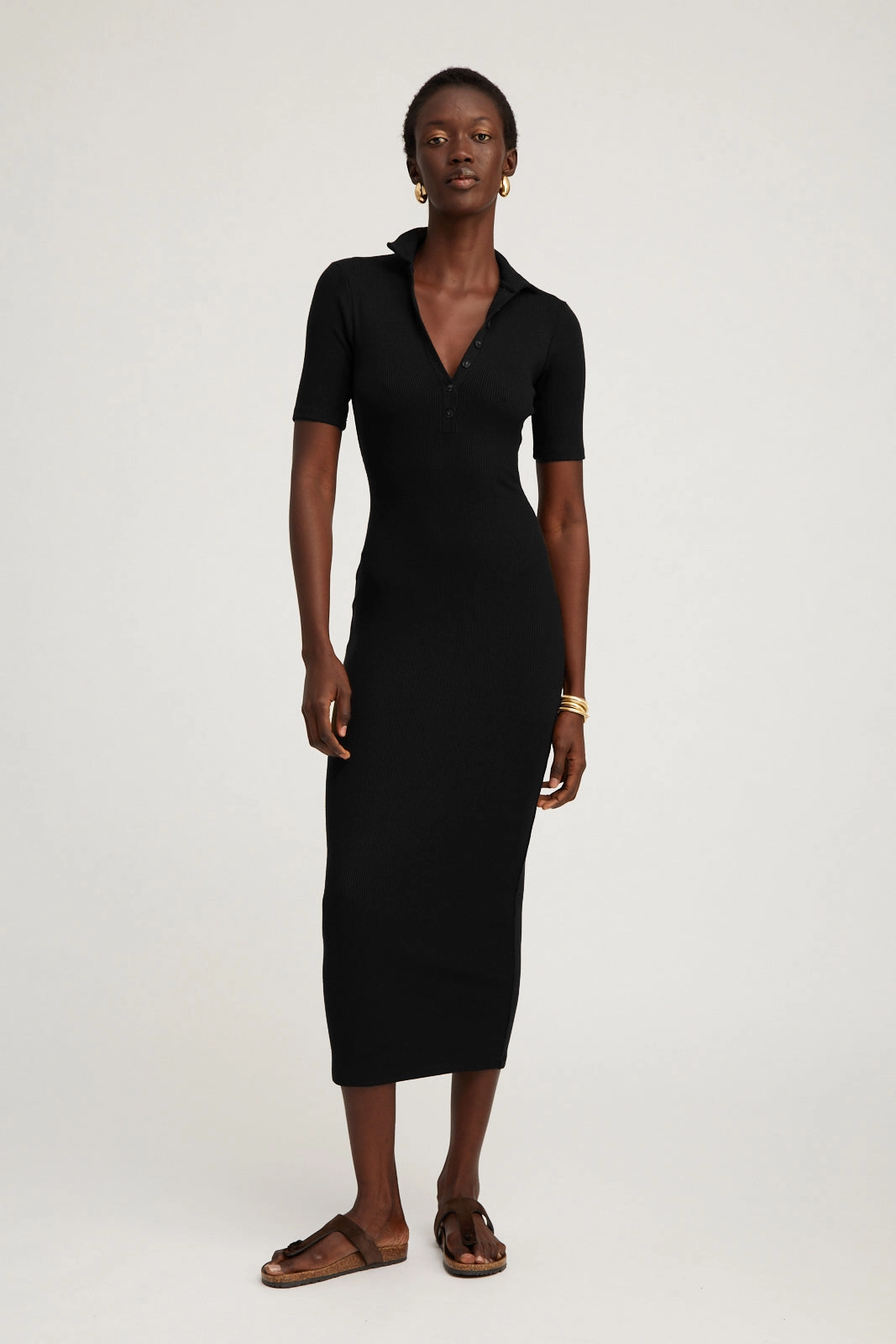 Smooth Shape Black Rib Polo Maxi Dress