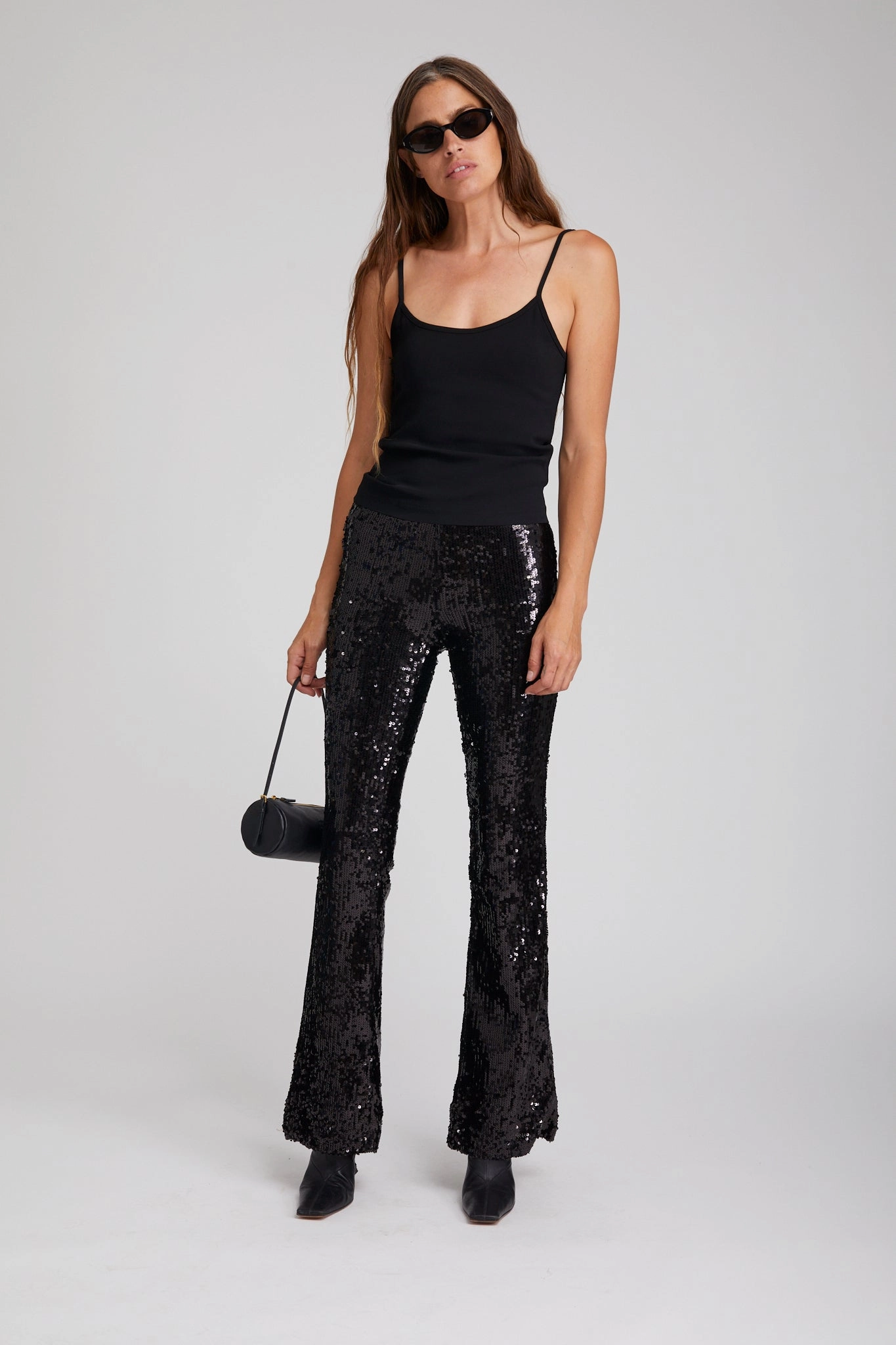 Durable Material Easy Care Fabric Finish Black Sequin Micro Flare Pant