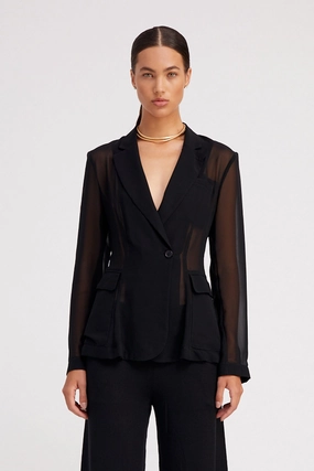 Black Silk Chiffon Fitted Blazer Casual Staple