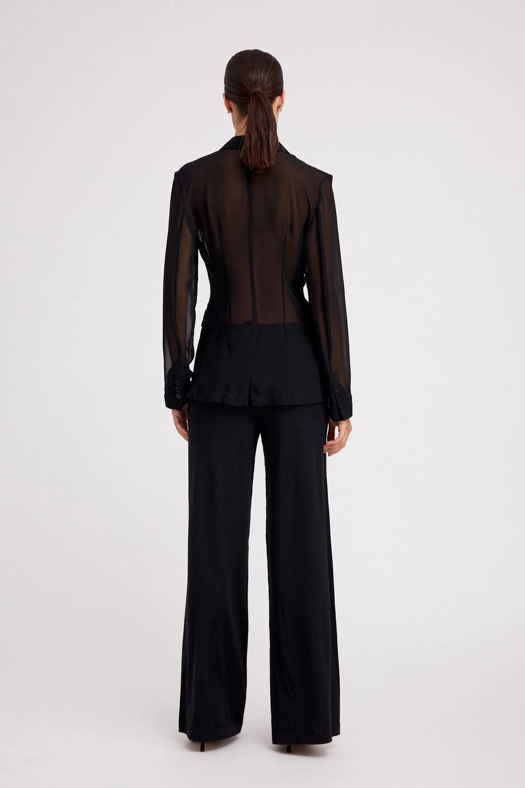 Black Silk Chiffon Fitted Blazer NonRestrictive Movement Design Clean Lines