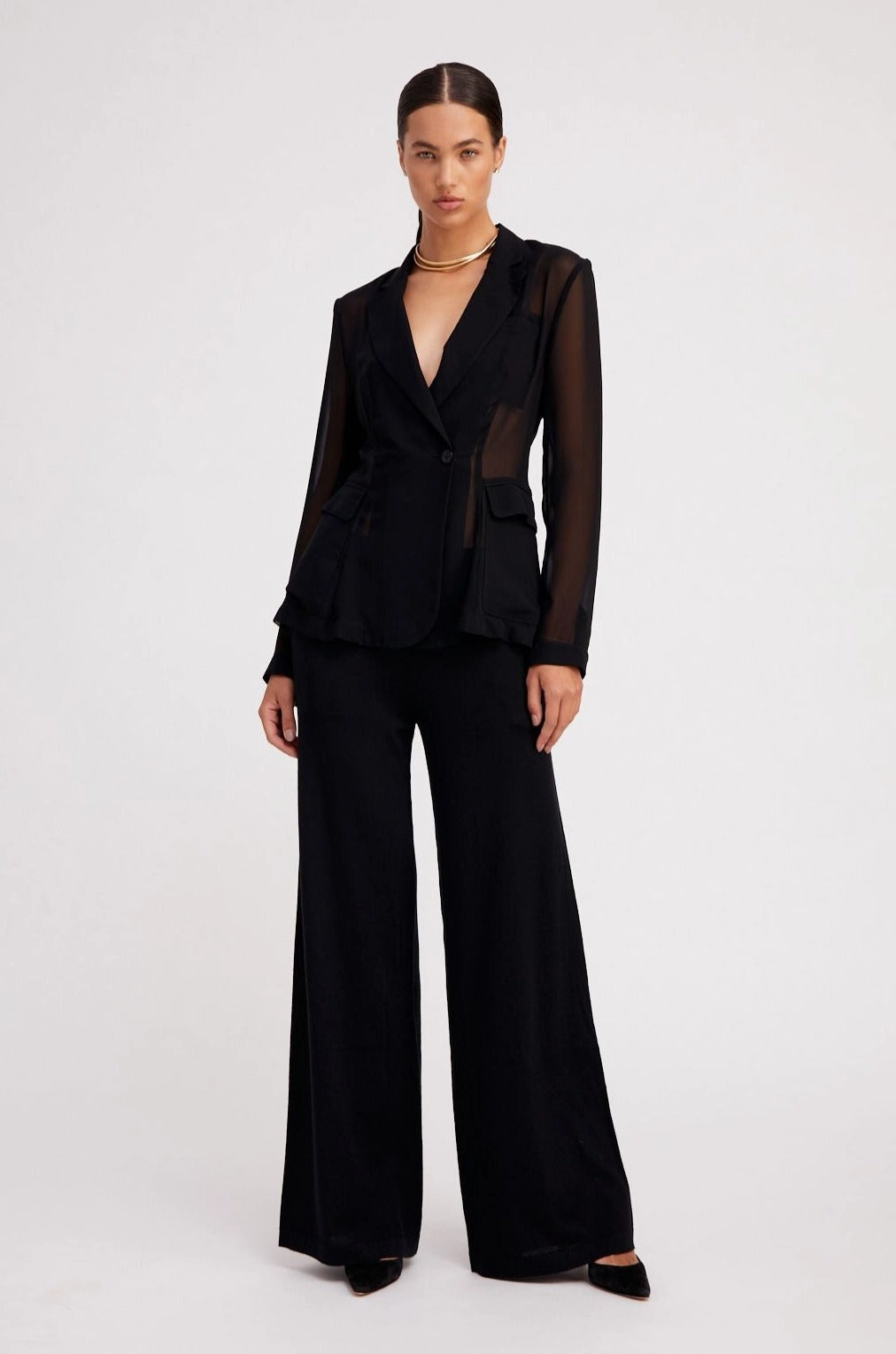 Black Silk Chiffon Fitted Blazer Taped Edges