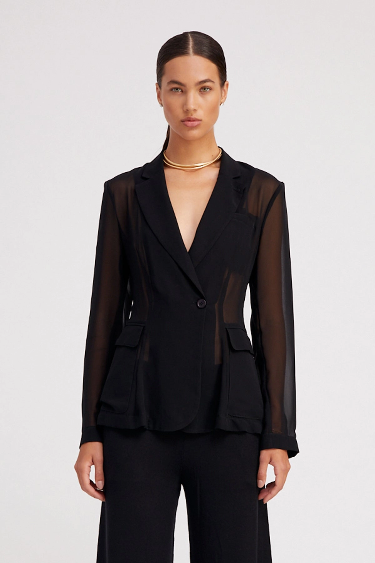 Black Silk Chiffon Fitted Blazer Reinforced Stitching Compression Fit Design