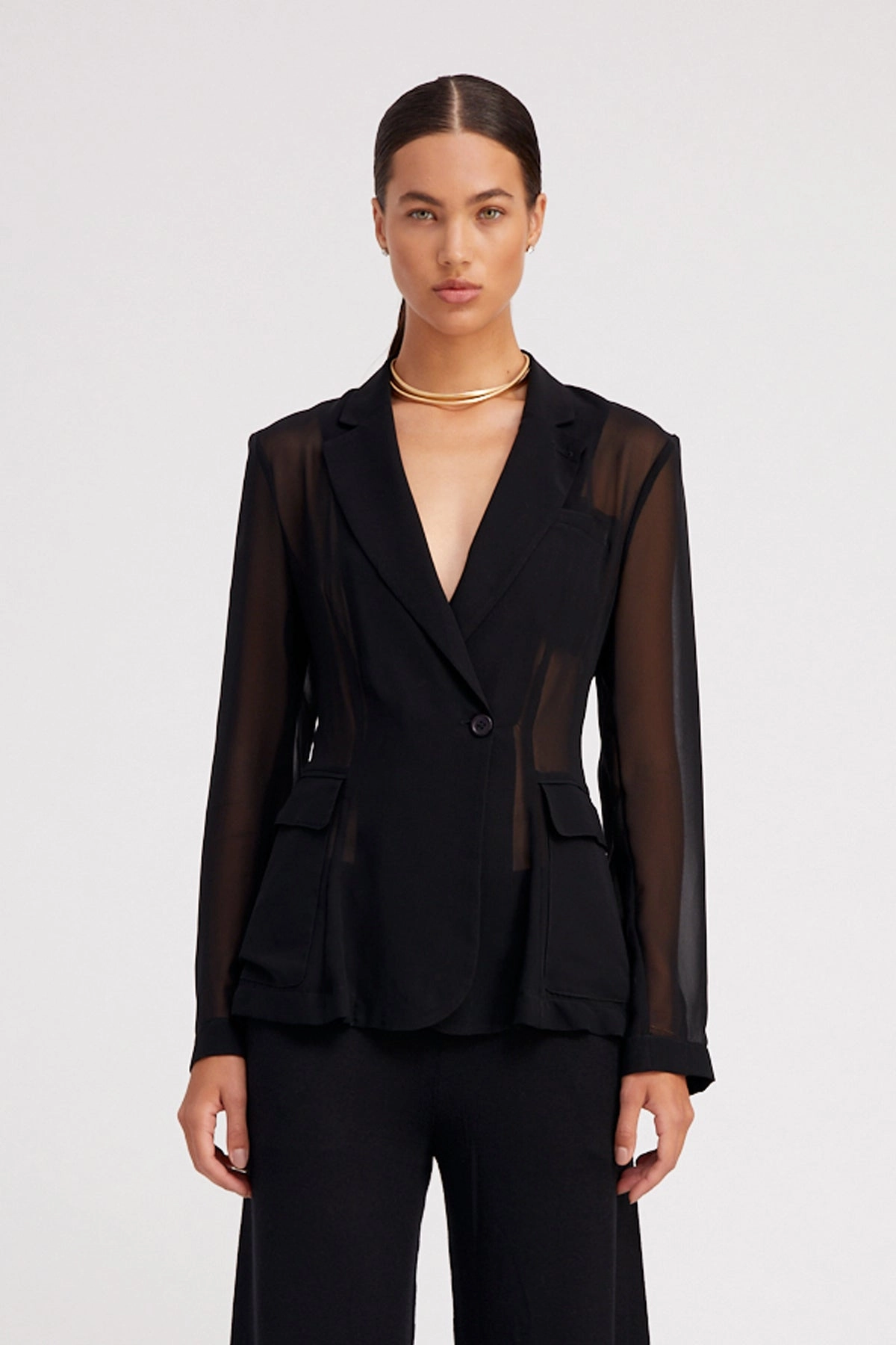 Black Silk Chiffon Fitted Blazer Casual Staple