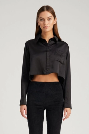 Quick Dry Material Black Silk Cropped Button Down
