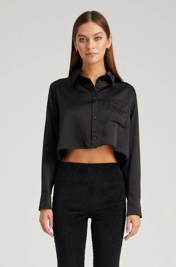 Quick Dry Material Black Silk Cropped Button Down