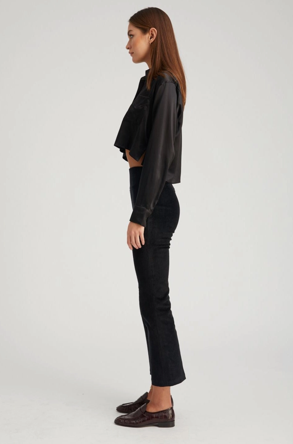 BondedShoulder Black Silk Cropped Button Down