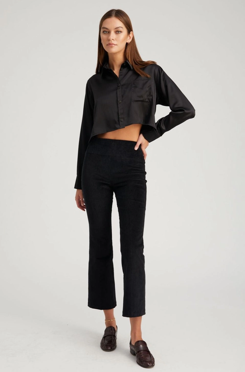 Ventilated Back Panels Black Silk Cropped Button Down