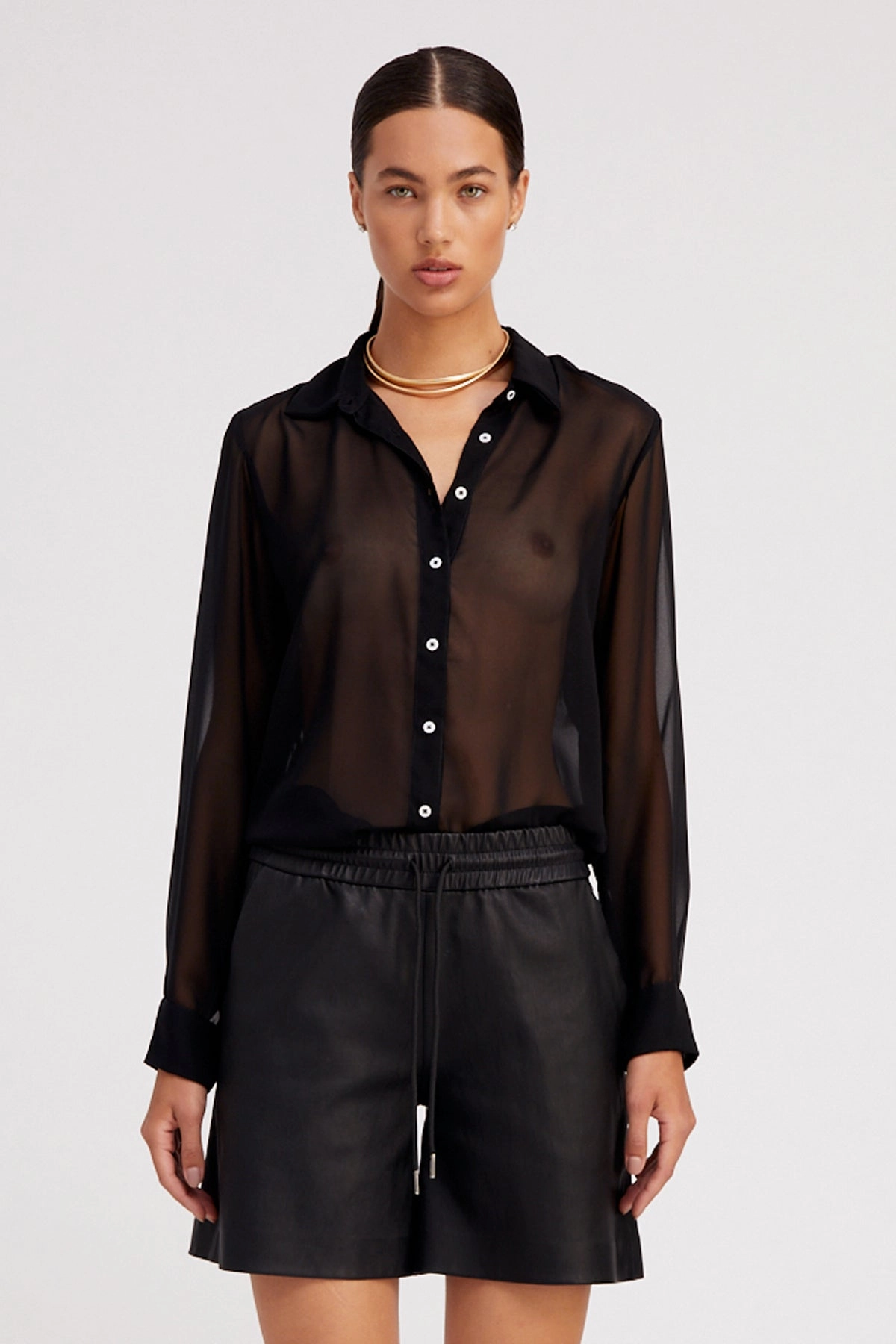 Black Silk Fitted Button Down Grid Texture Fabric AntiPillingFinish