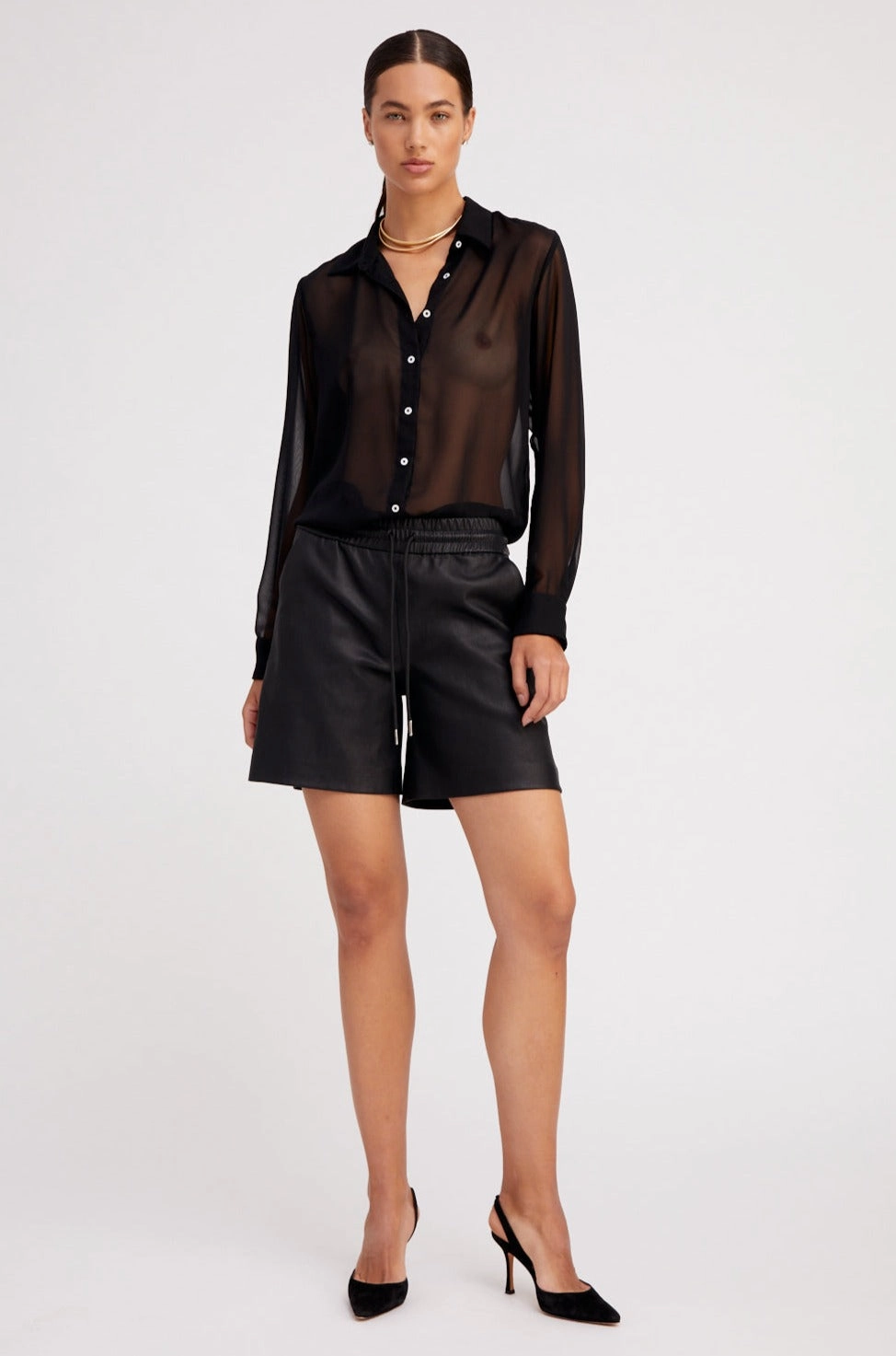 Black Silk Fitted Button Down DropShoulderConstruction HighDurabilityWeave