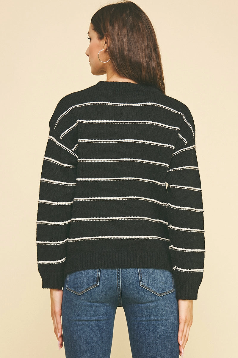 Hidden Button Placket OrganicCotton Black Stripe Knit Sweater