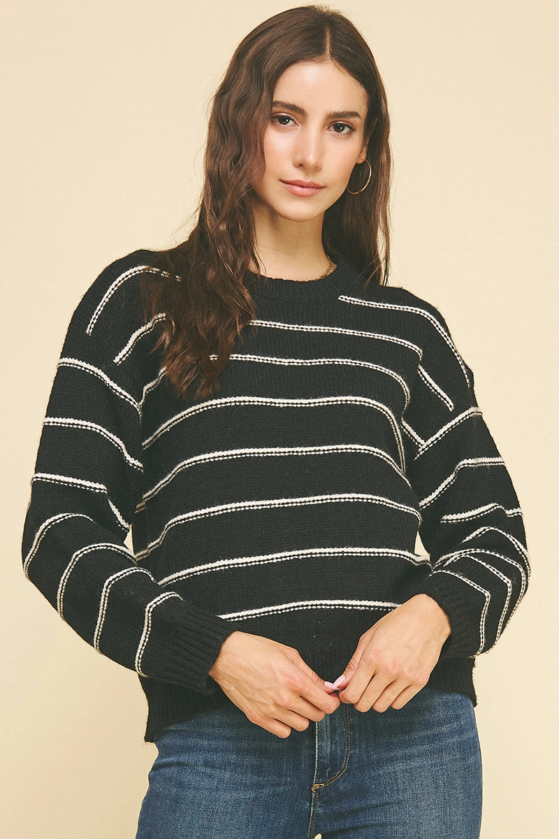 Black Stripe Knit Sweater Ergonomic Pattern Design SeamlessConstruction
