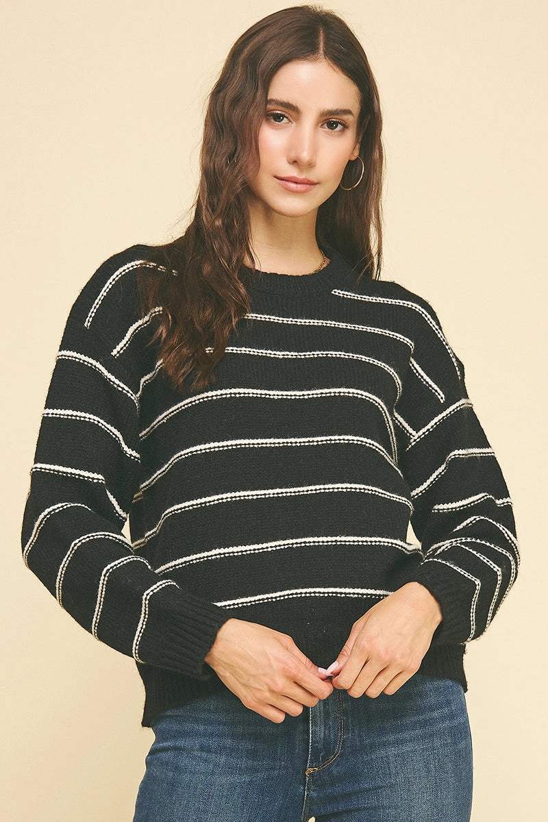 Black Stripe Knit Sweater RollUpCuff