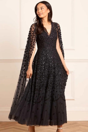 Stud-Detail Soft Shape Clover Cape Sleeve Ankle Gown
