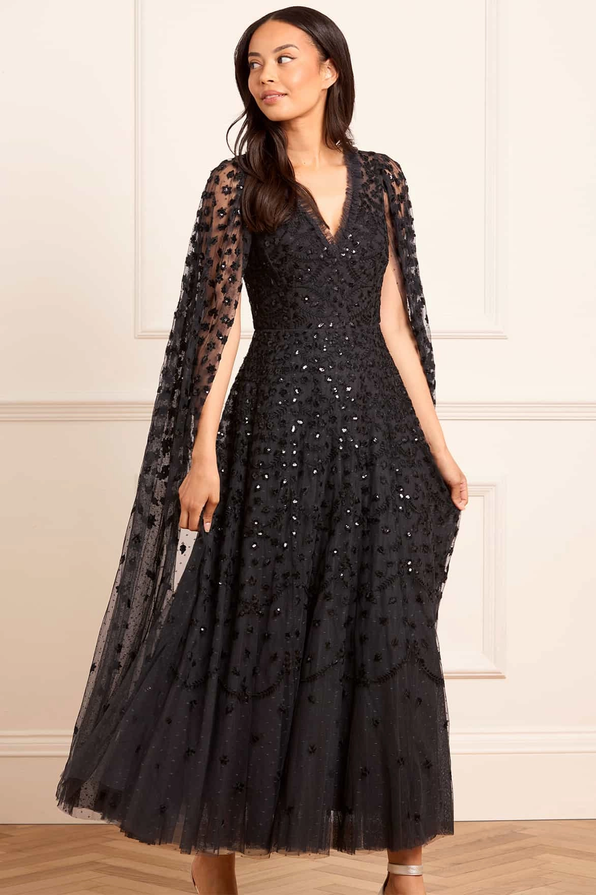 Stud-Detail Soft Shape Clover Cape Sleeve Ankle Gown