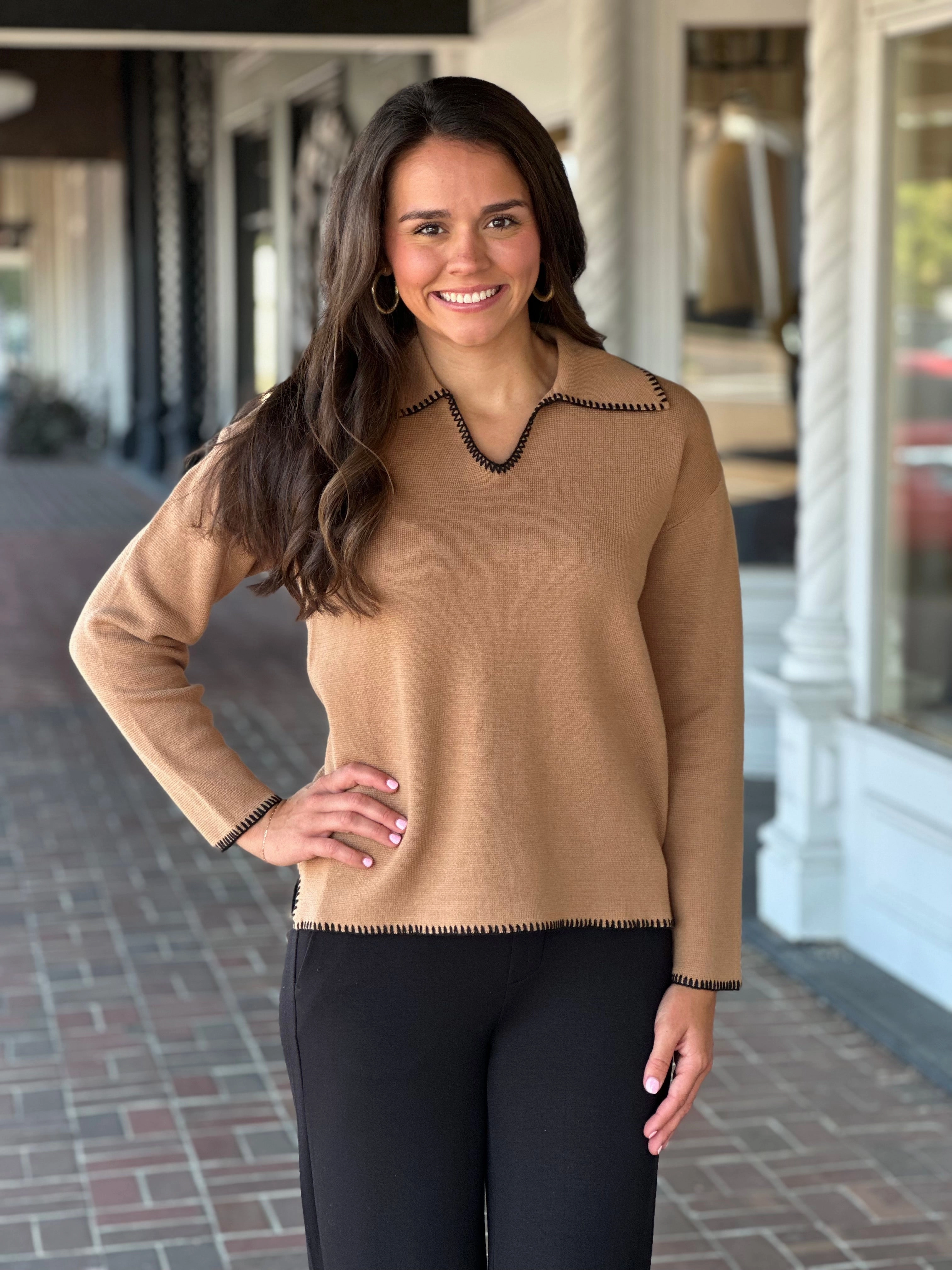 WideNeckline Black Trim Camel Oversized Sweater