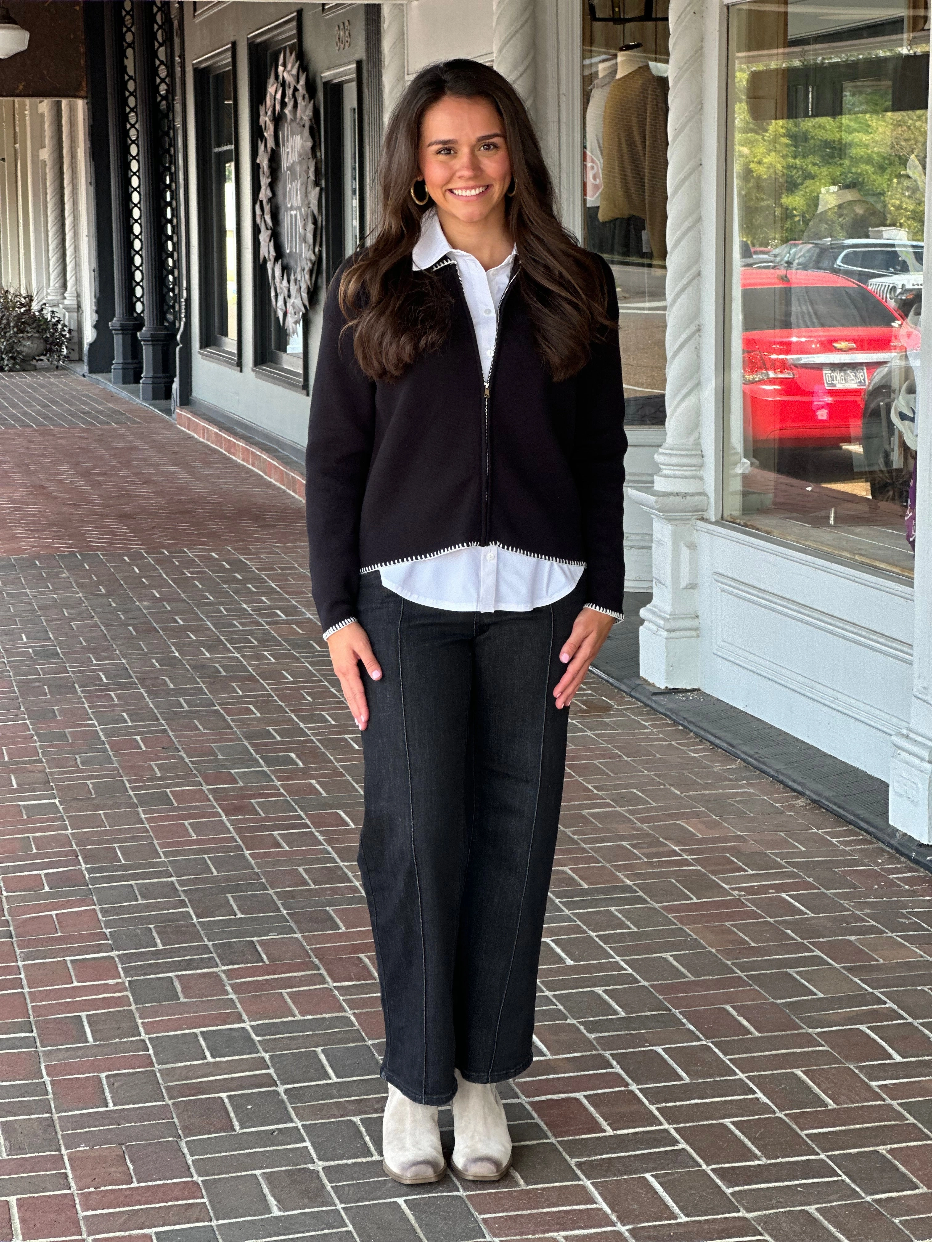 SlimFit Fleece Pullover Black Zip Front Cardigan