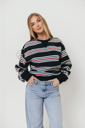 WaffleWeave Sporty Sweatshirt Blake Retro Striped Crewneck Sweatshirt in Dust Navy