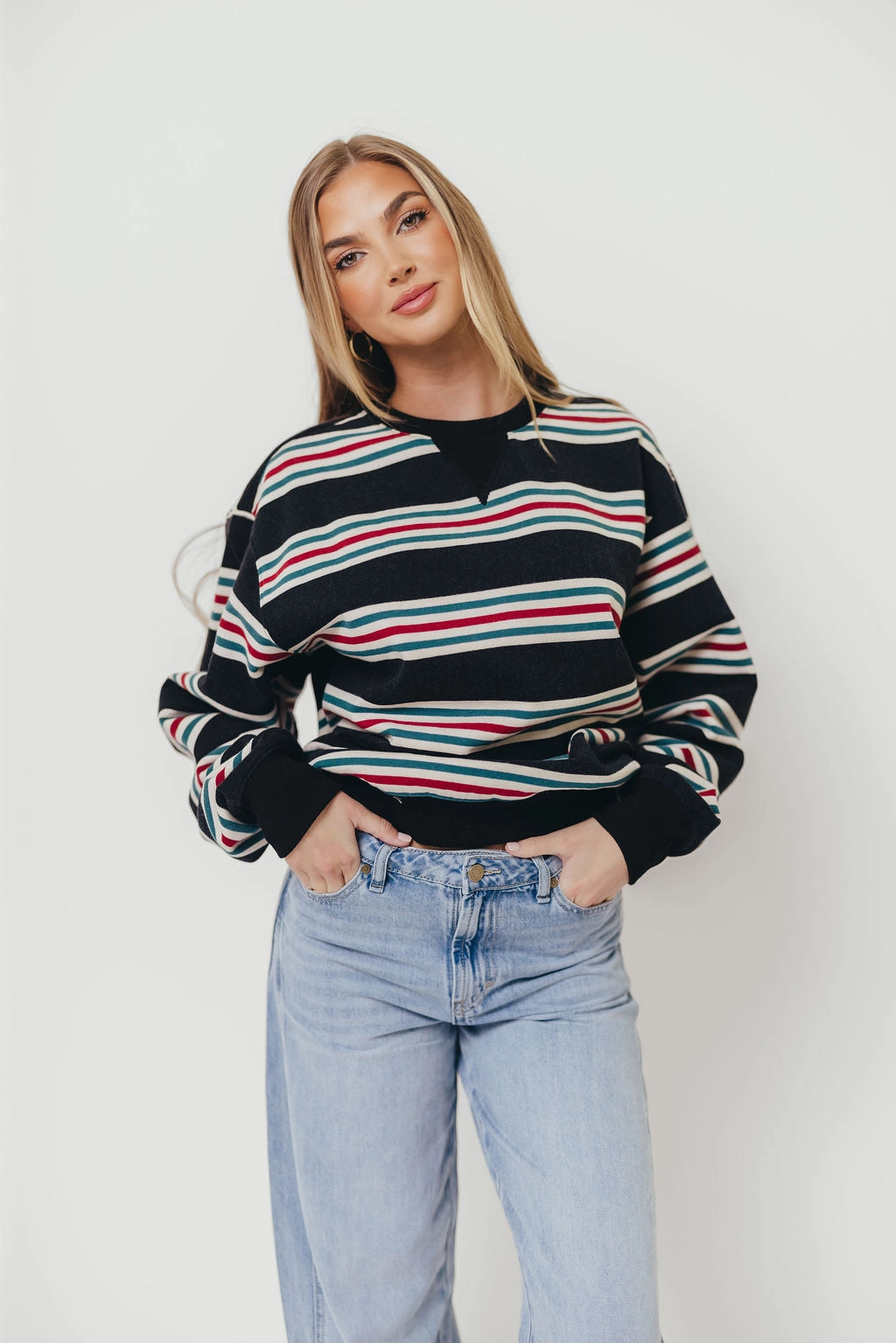 WaffleWeave Sporty Sweatshirt Blake Retro Striped Crewneck Sweatshirt in Dust Navy
