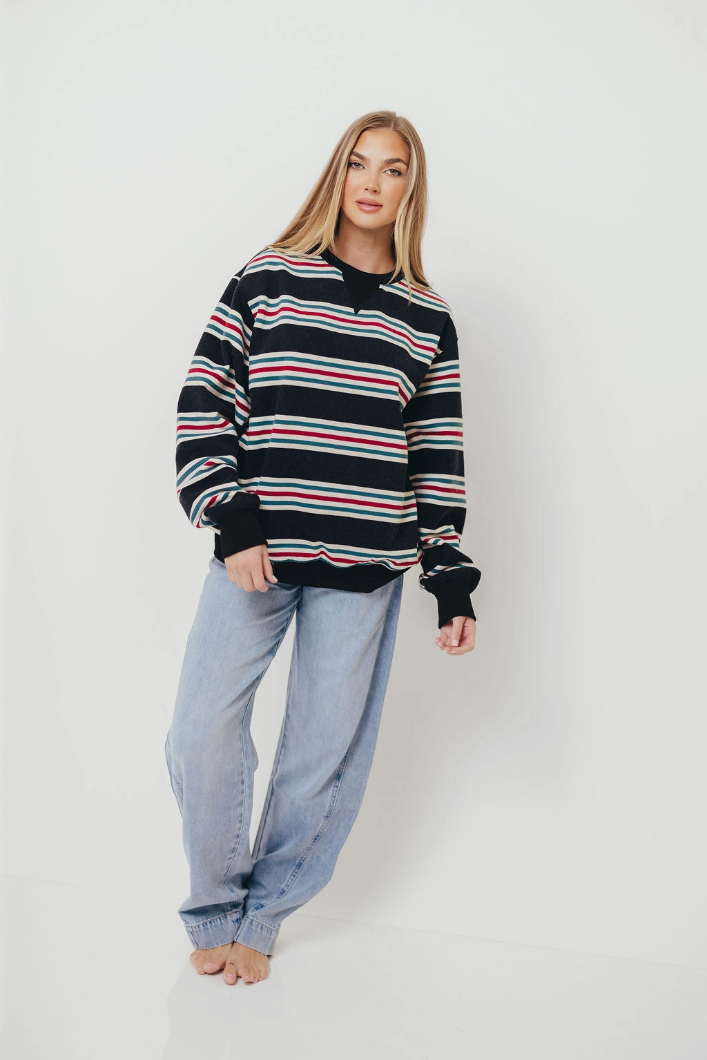 Layered Placket Design Fashionable Style Blake Retro Striped Crewneck Sweatshirt in Dust Navy