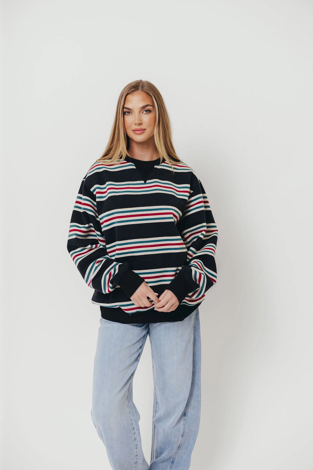 Durable Color Retention Soft touch finish Blake Retro Striped Crewneck Sweatshirt in Dust Navy
